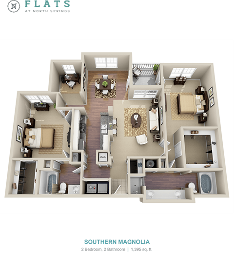 A floor plan of a 2 bedroom, 2 bathroom apartment sized 1,385 sq. ft.